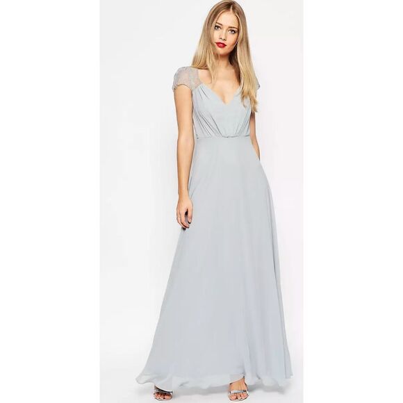 Asos Kate Lace Maxi Dress Gown Eyelash Lace V-Neck Short Sleeves Baby Blue 6 - Picture 1 of 16